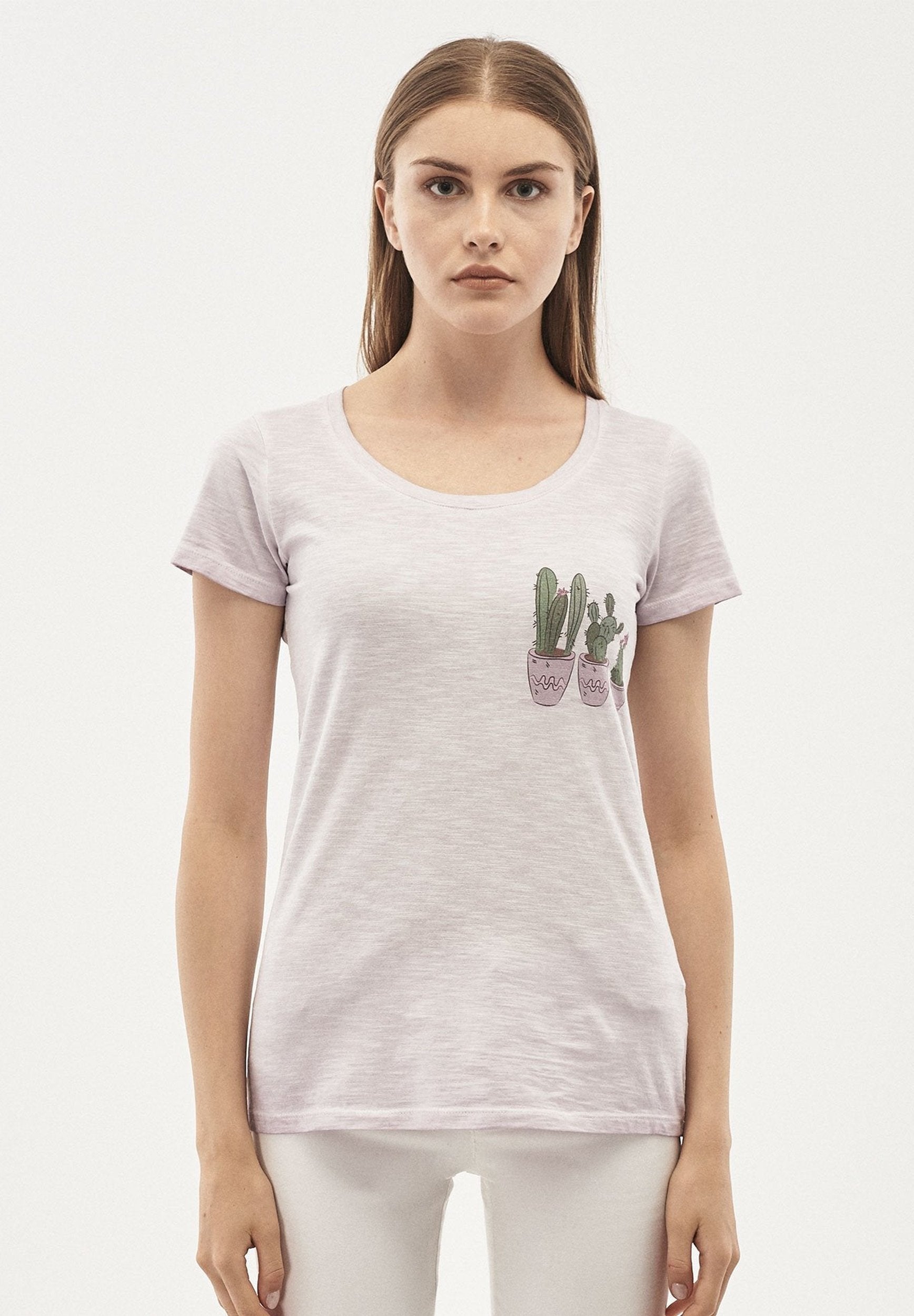 Damen Garment Dyed T-Shirt aus Bio-Baumwolle mit Kaktus-Print